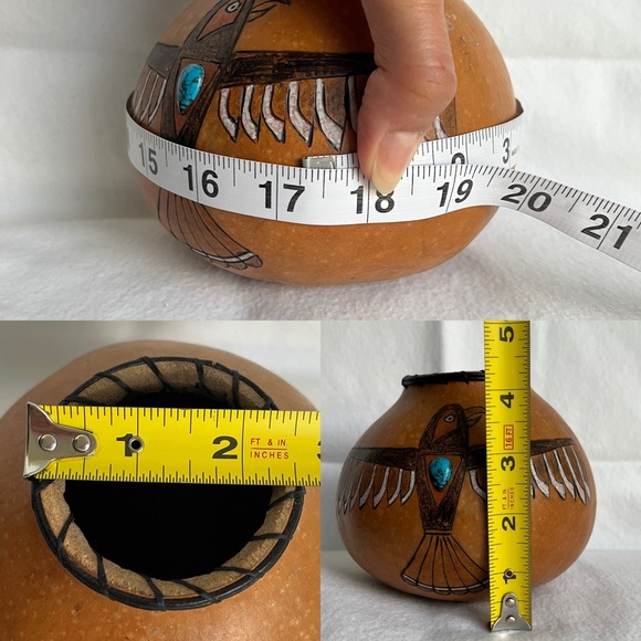 Vintage Native American gourd hand-carved falcon with turquoise artist signed JK - Picture 8 of 8